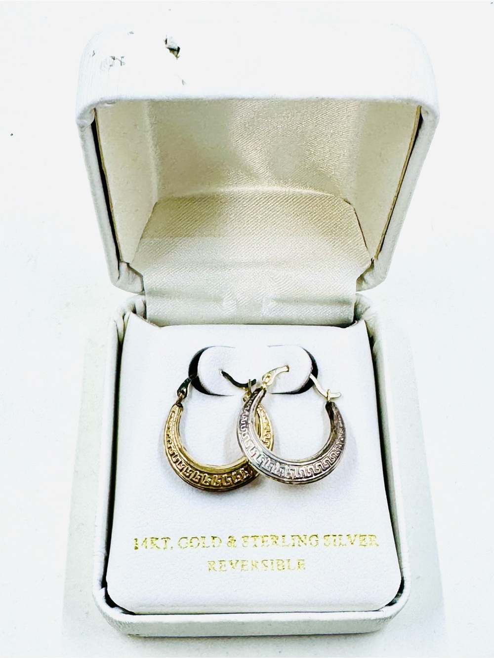 14k Gold & Sterling Silver Reversible Two-Tone Hoop Earrings NIB